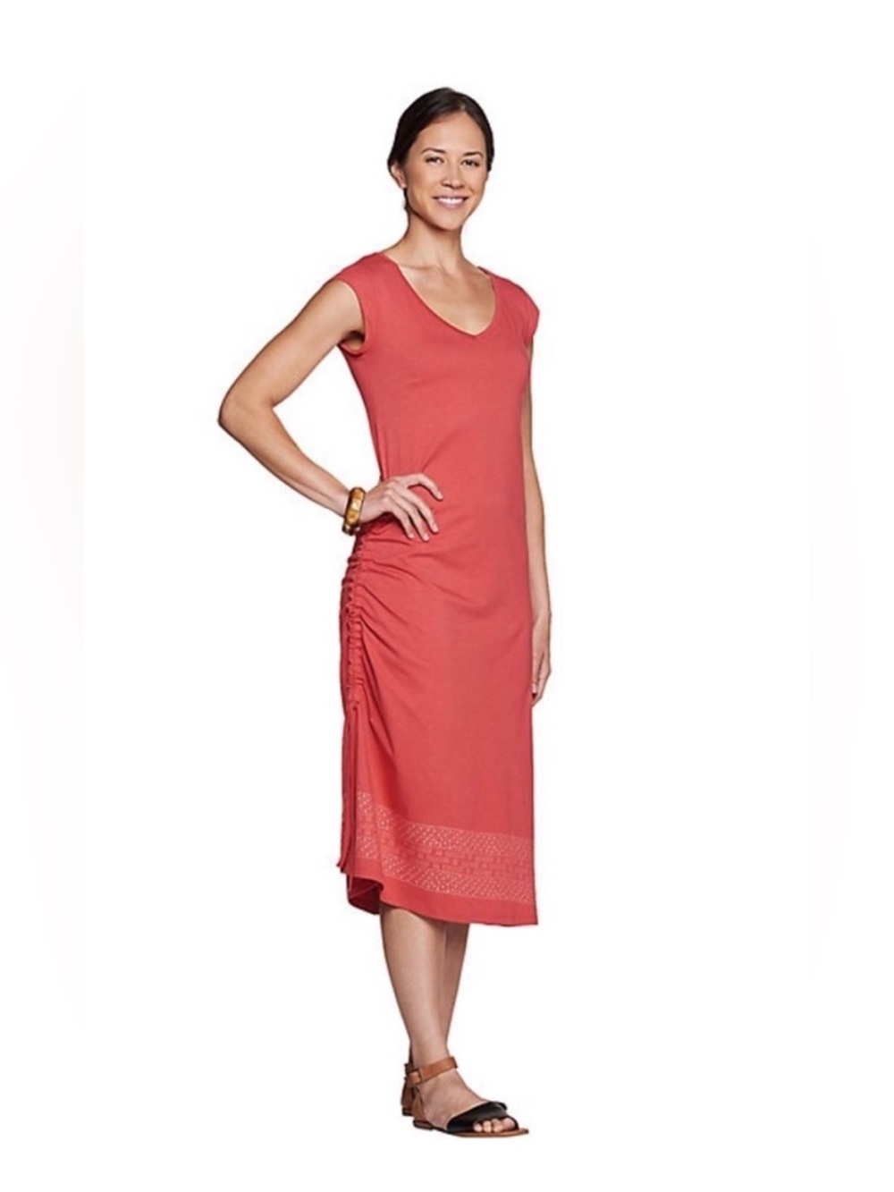 Toad&Co Coral (Red) Sleeveless Midi Dress with Side Ruching M